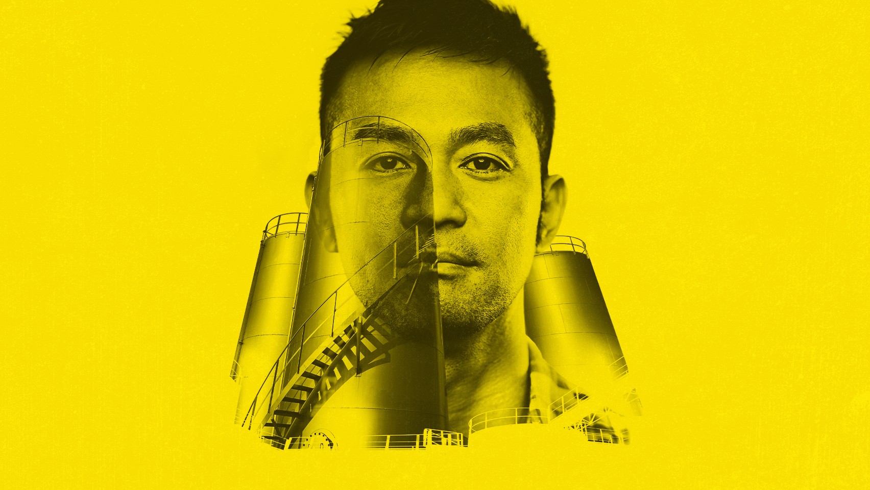 Composite image of man merging into large tanks